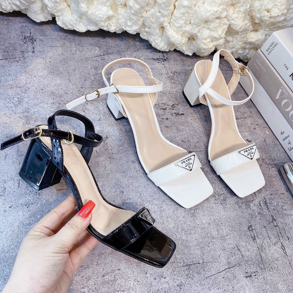 Sandal da bóng quai ngang P.ra.da gót trụ vuông đen trắng - 5P