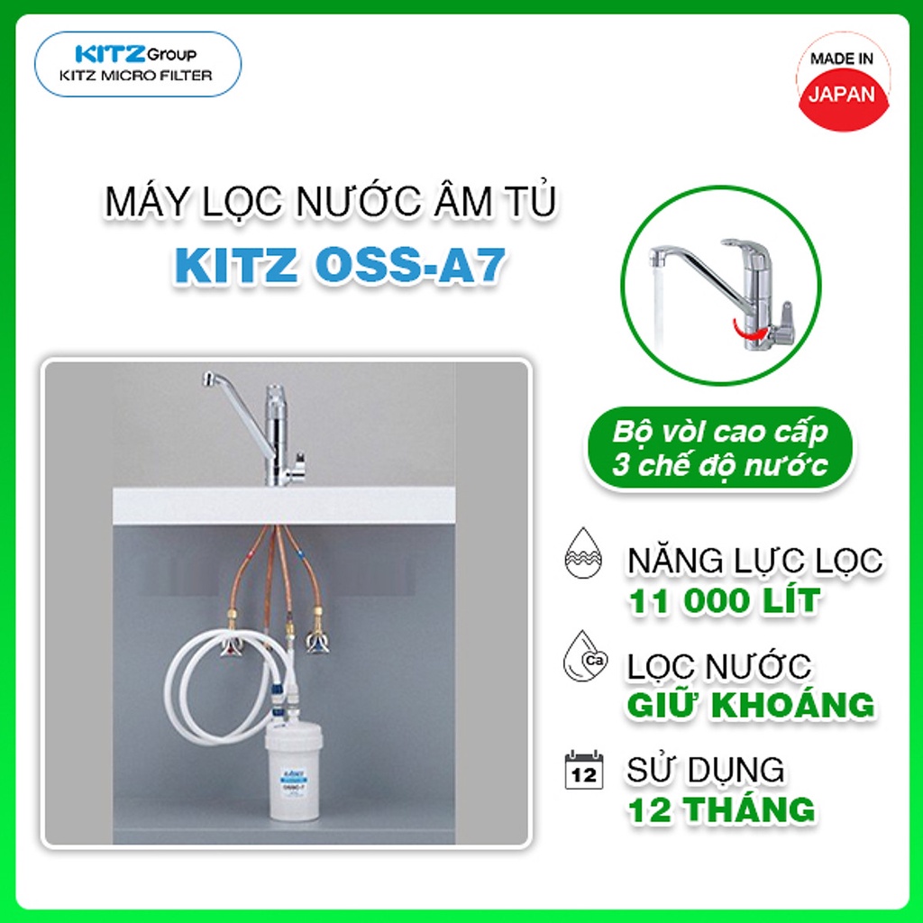 Máy lọc nước nóng lạnh KITZ OSS-A7 lắp dưới bồn rửa - Công nghệ màng lọc sợi rỗng Nhật Bản, không điện, không nước thải