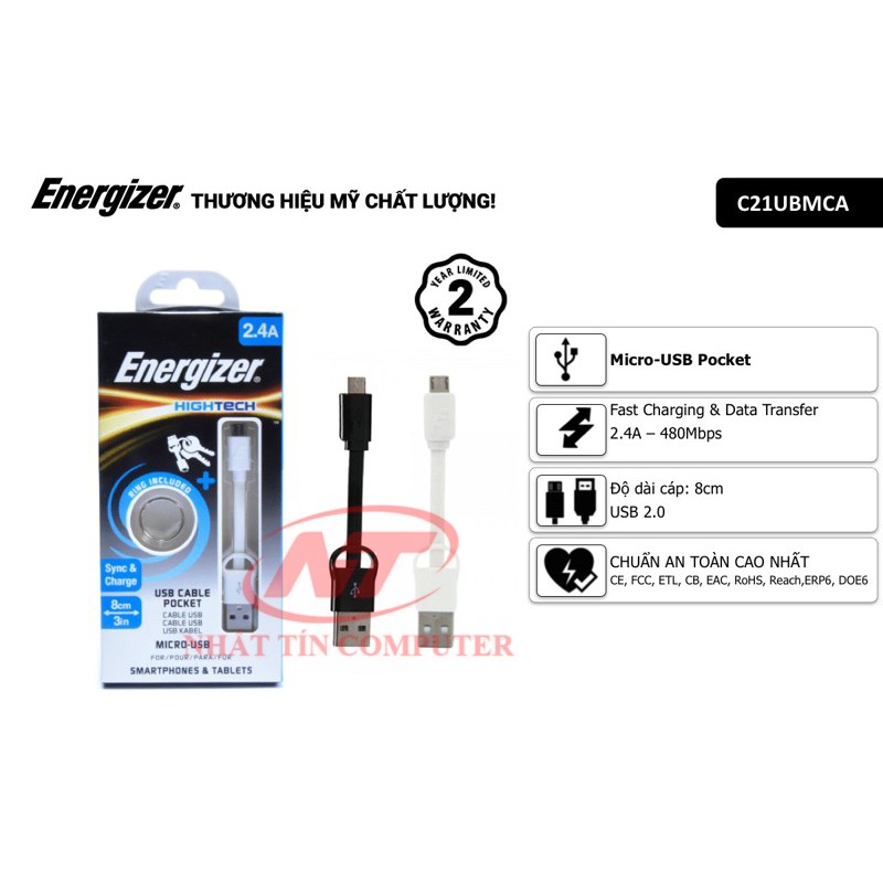 Cáp sạc Energizer Micro USB Pocket 8cm - Hãng phân phối chính thức