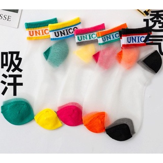 Tất Vớ cổ cao mỏng trong suốt in chữ UNICO bàng màu neon rực rỡ thời trang xuân hè cho nữ TCC003