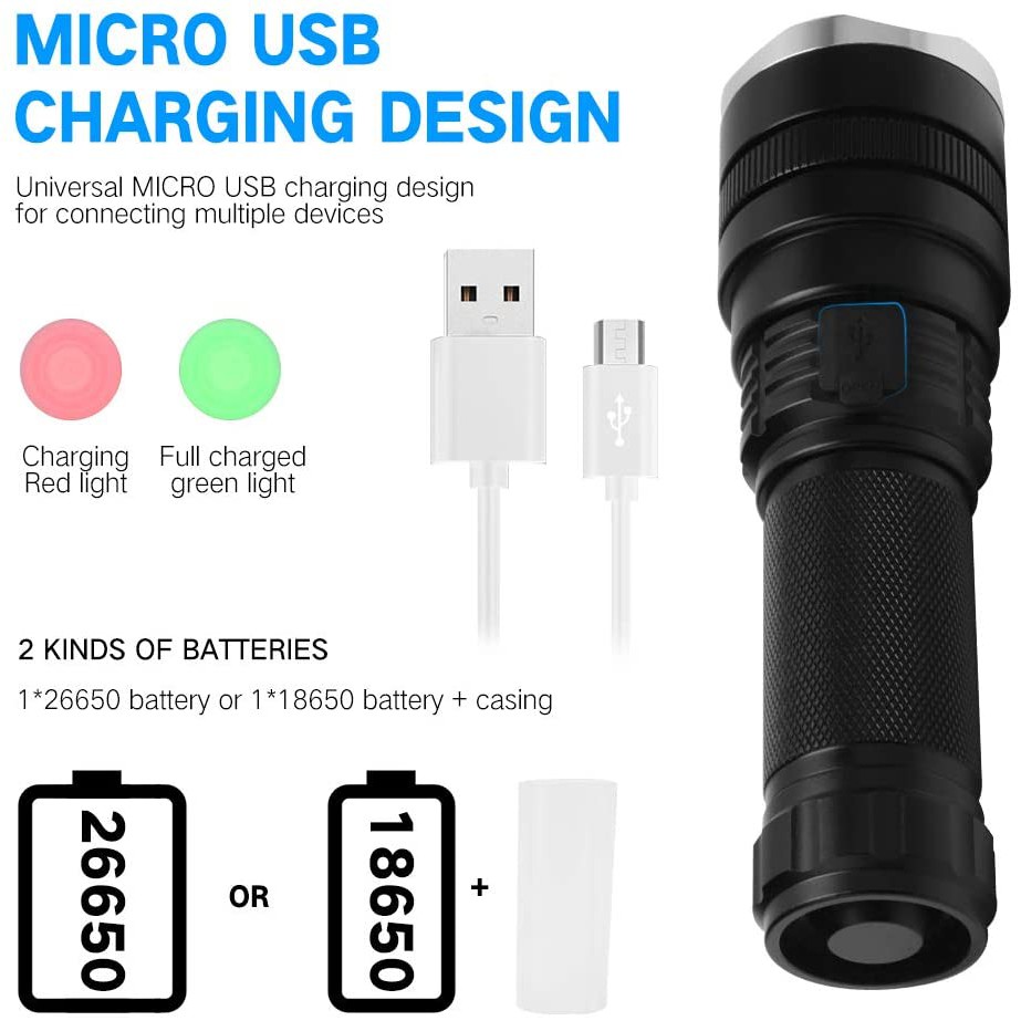 Đèn Pin 6000 Lumen, Pin Sạc Cổng USB Siêu Sáng, Có Thể Thu Phóng 3 Chế độ Sáng, Đèn Cầm Tay Tiện Lợi Dùng Cắm Trại