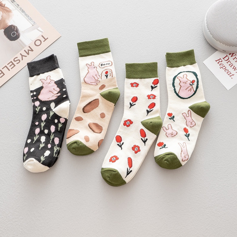 Tất Vớ Nữ Cotton Cổ Cao họa tiết Thỏ Vintage, chất dày dặn, cotton mềm mịn , Hàng Taobao có sẵn