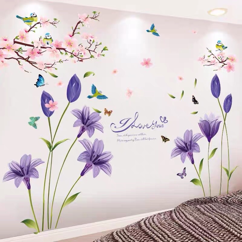Tranh dán tường, Decal dán tường cành đào và hoa tulip tím