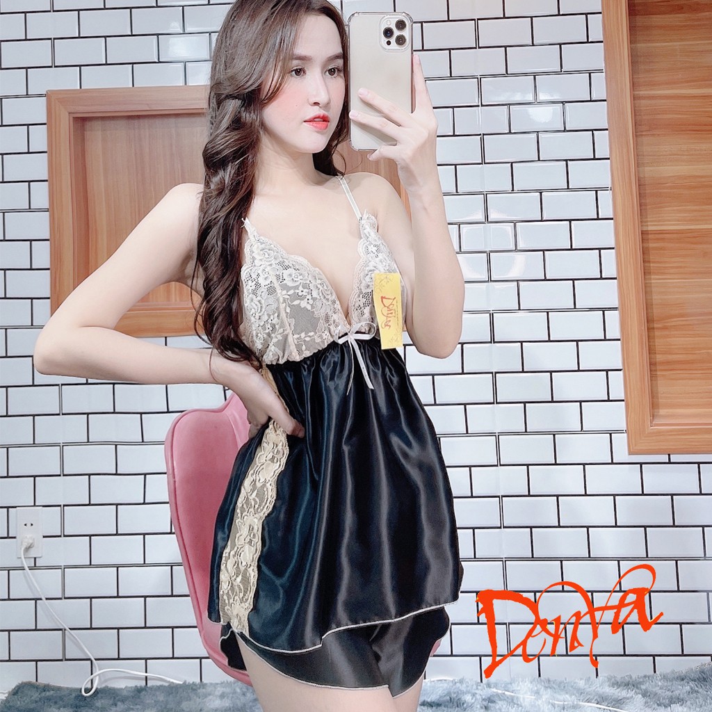 Đồ ngủ sexy bigsize nữ bộ gồm áo 2 dây không mút và quần đùi chất lụa phi phối ren dễ thương gợi cảm DN1