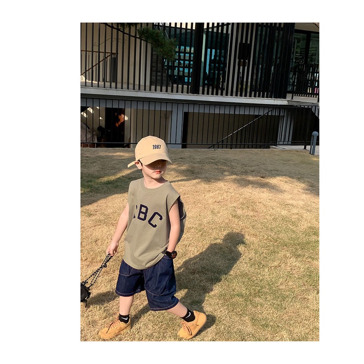 [Babycat] Hàng Có Sẵn Áo Thun Cotton Trơn Không Tay Dáng Rộng In Chữ Phong Cách Hàn Quốc Nhật Bản / Trung Bình / Mùa Hè Cho Trẻ Em
