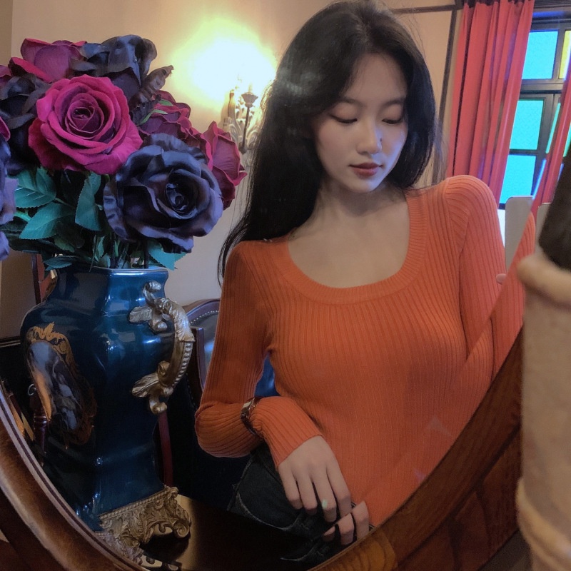 Áo dệt kim tay dài cổ tròn dáng ngắn quyến rũ thời trang cho nữ