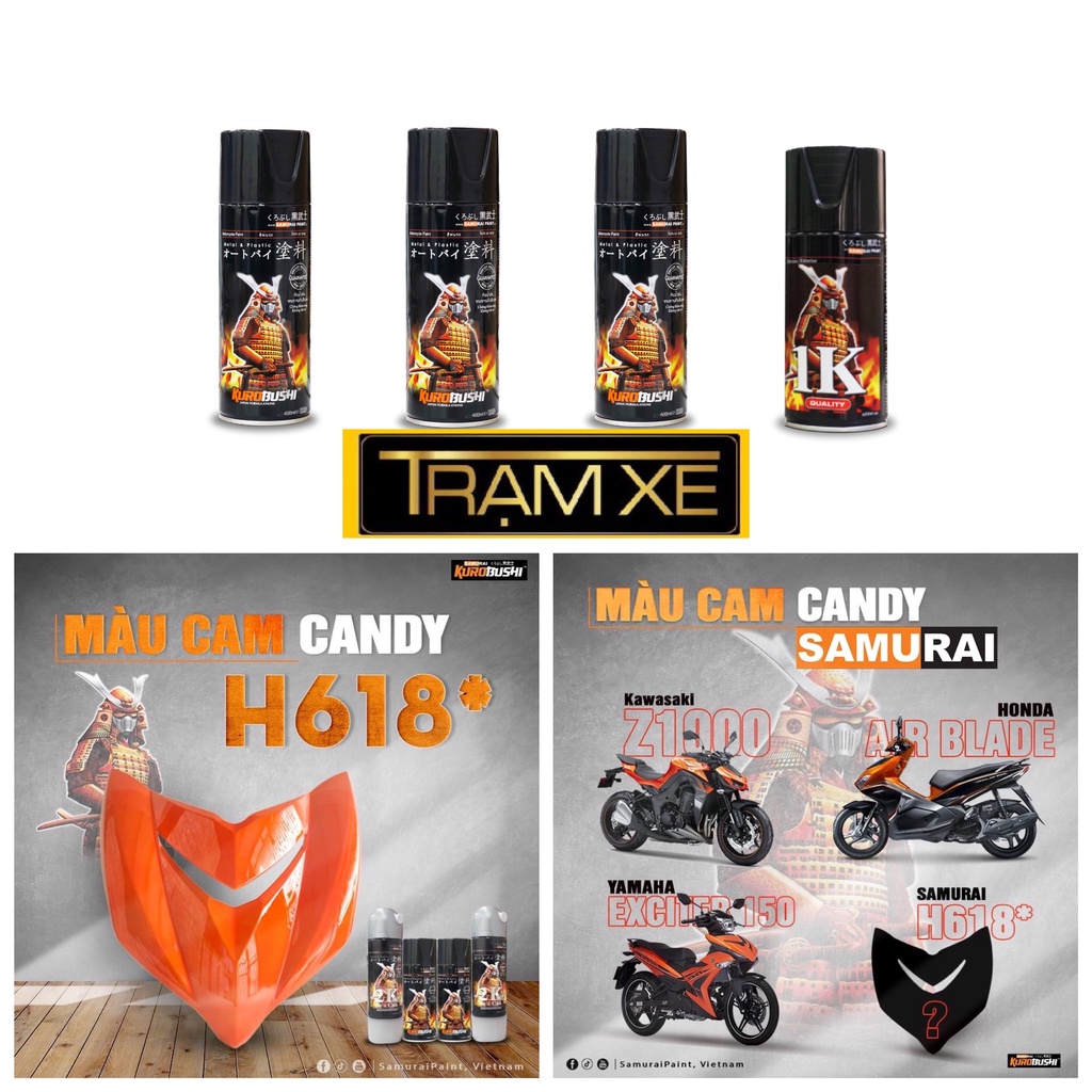 Combo Sơn xịt Samurai màu Cam candy H618 đủ quy trình bền đẹp tiết kiệm