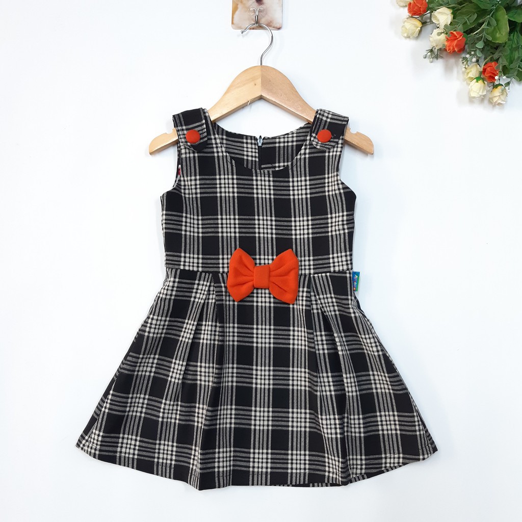 DG49-VT-06- Váy thu bé gái, sát nách, chất dạ nhung, có lớp lót, thắt nơ eo, phối sọc, size 12-14kg, made in Việt Nam