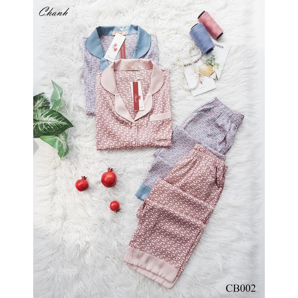 Bộ mặc nhà pijama áo cộc quần dài chất lụa Pháp cao cấp CB002