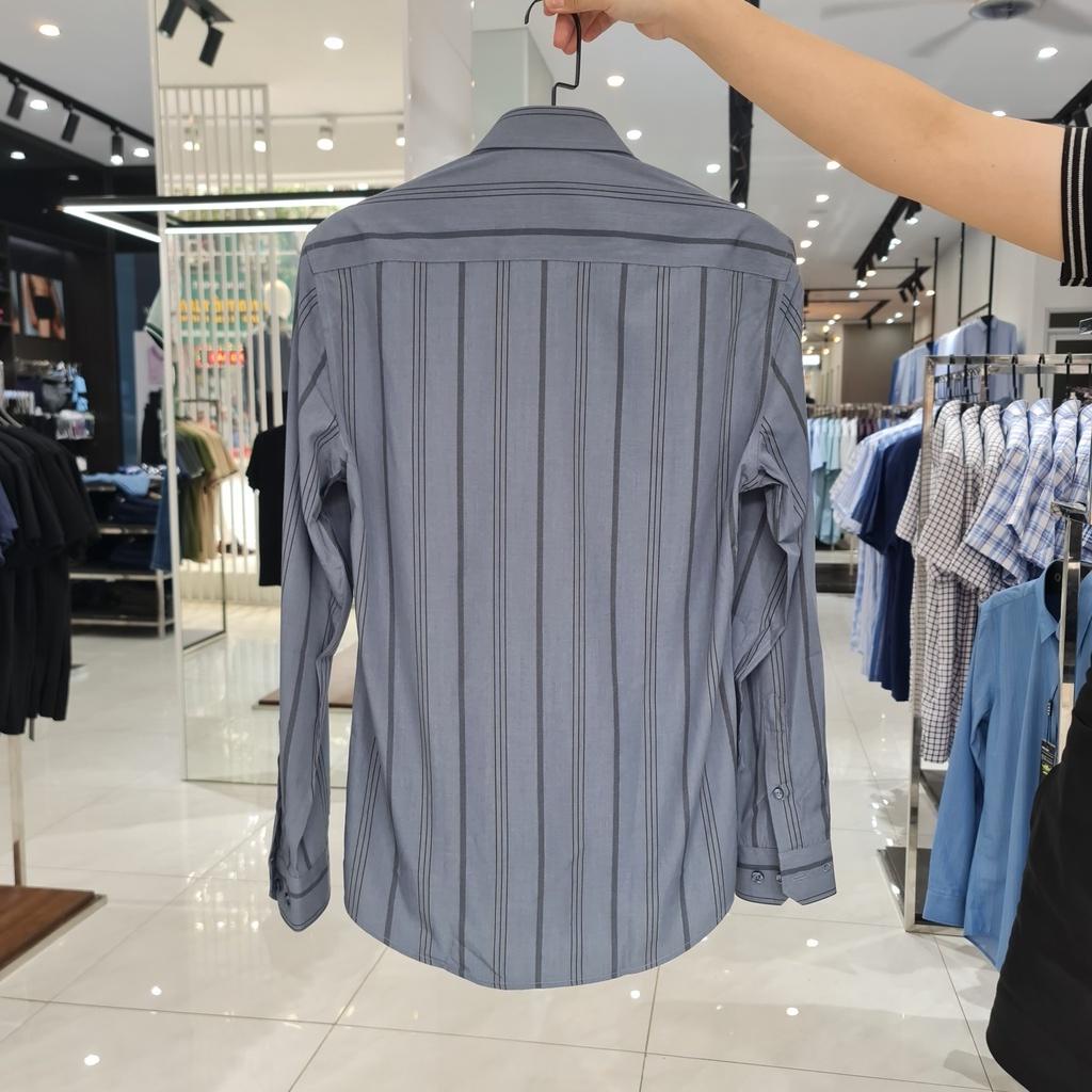 Áo sơ mi nam dài tay OWEN AS23379D somi công sở vải sợi tre cao cấp màu ghi xám kẻ sọc dáng ôm tà lượn không túi