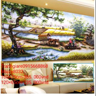 Tranh đính đá phong cảnh làng quê yên bình kt 120-65cm