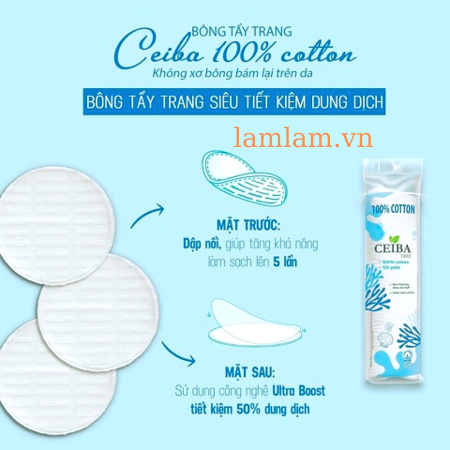 Bông Tẩy Trang Ceiba 100% Cotton Siêu Tiết Kiệm (120 miếng)