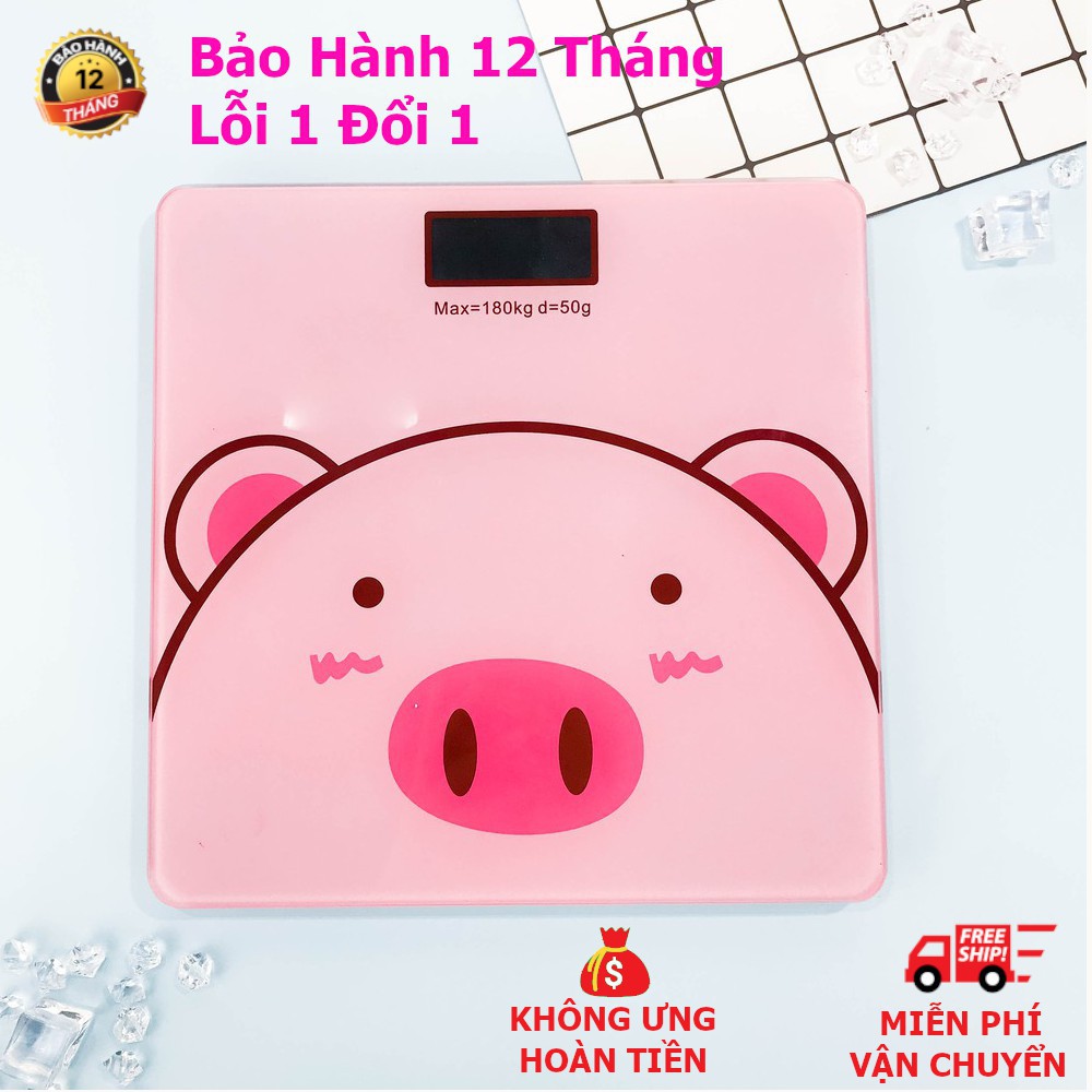Cân điện tử cân sức khỏe gia đình màn hình LED hiển thị cân nặng ,nhiệt độ hình con heo bảo hành 12 tháng