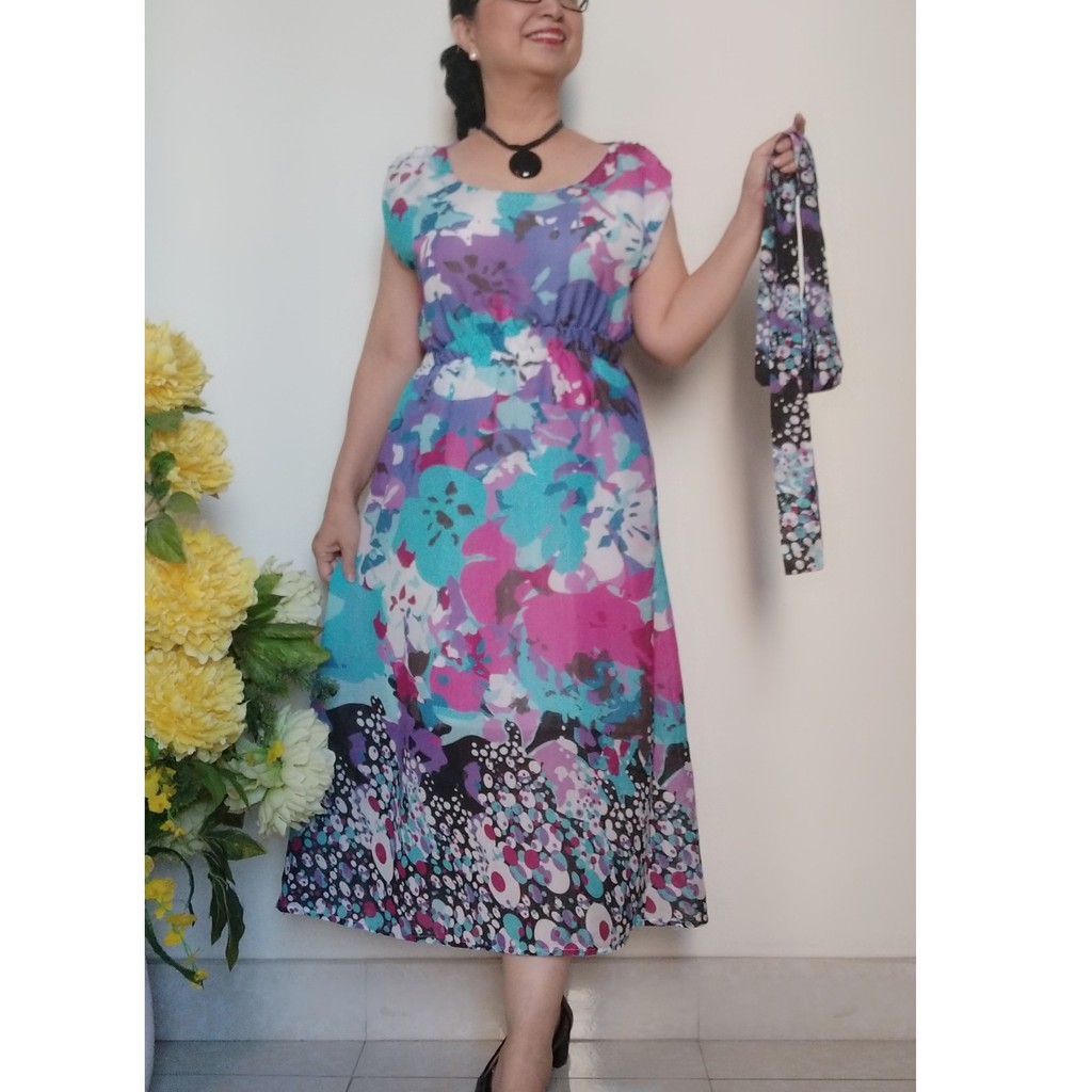 Size L, XL, 2XL  Giá sốc - Đầm Trung Niên Nhún Eo Thun - Vải Cotton Mềm Mỏng - Kiểu Xòe Dài