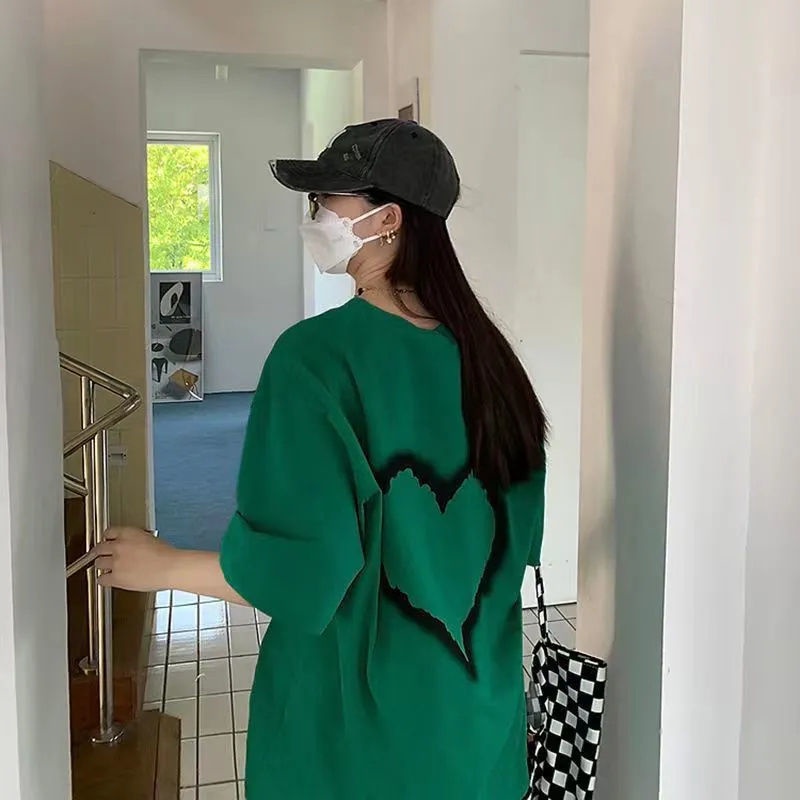 Jiashucheng Áo Thun Nữ Ngắn Tay Cổ Tròn In Hình Trái Tim Phong Cách Preppy Retro