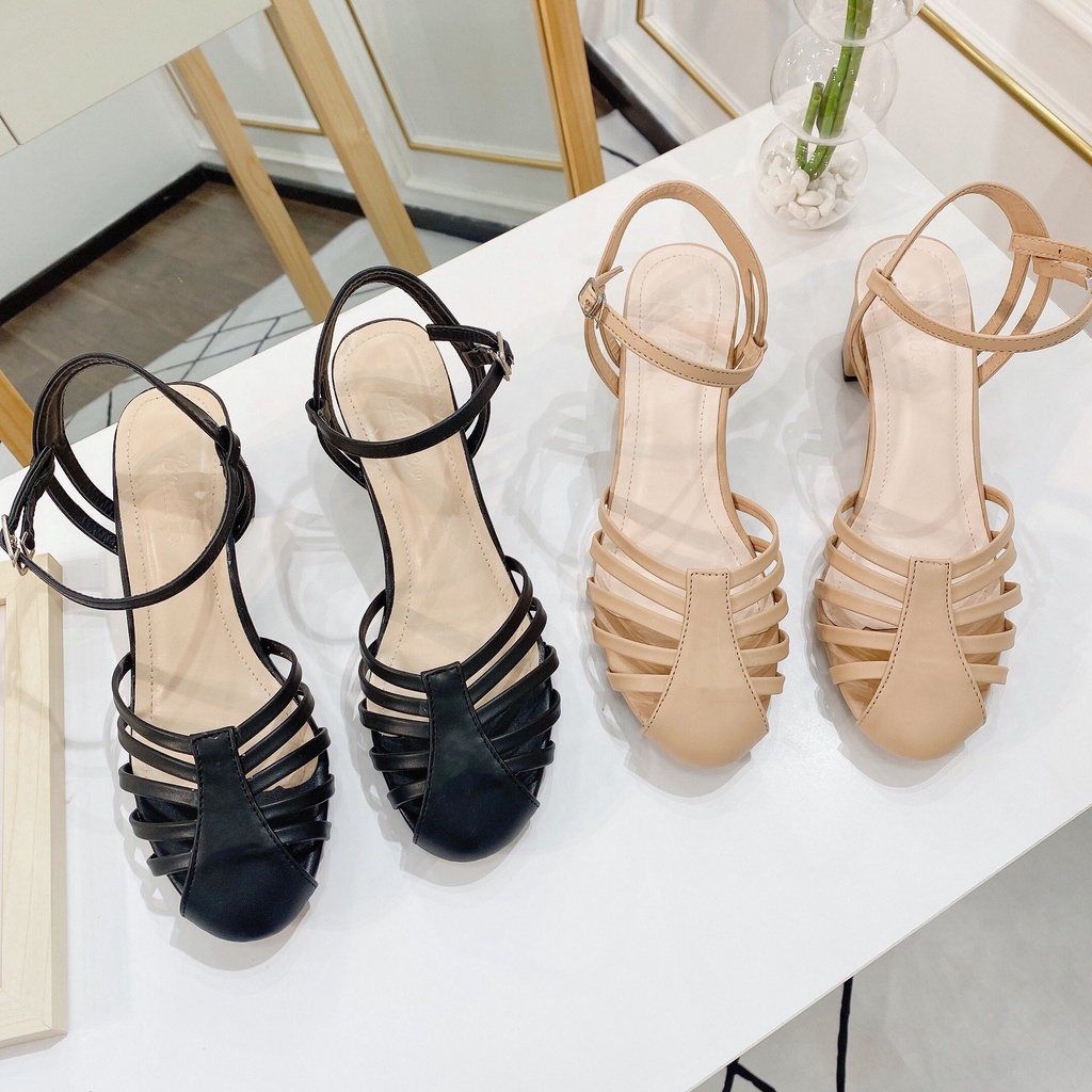 Xăng đan nữ màu kem, mũi rọ tròn thoáng chân , sandal nữ cao gót 5 phân OCNHI18