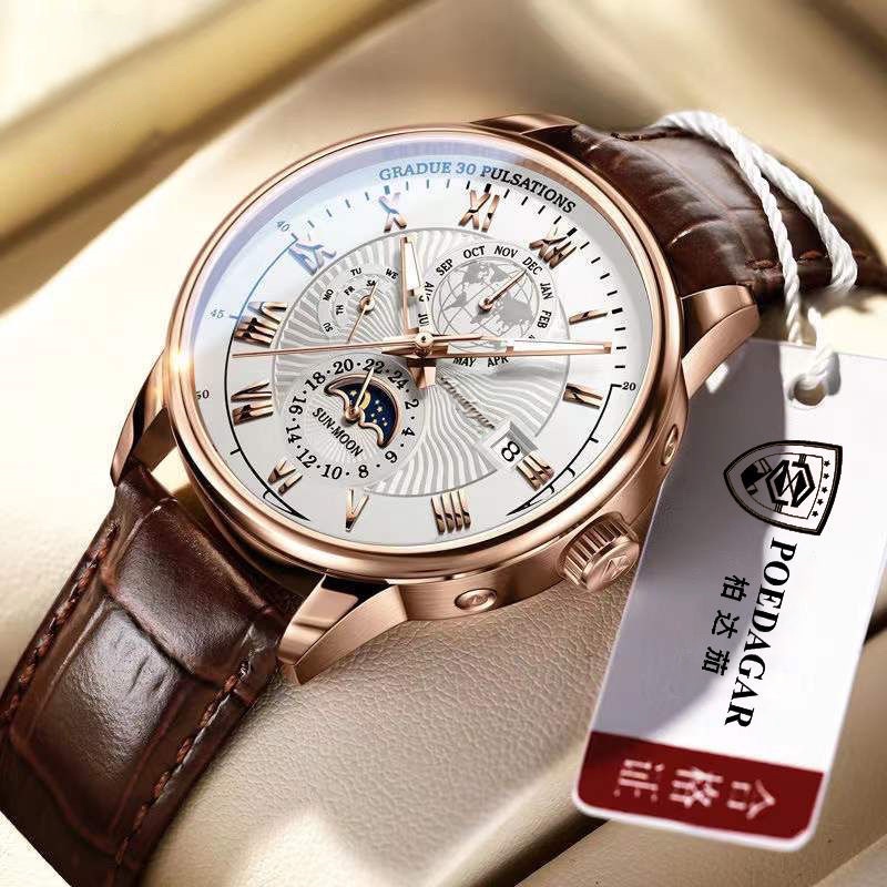 Đồng hồ nam cao cấp POEDAGAN mặt bản đồ, đồng hồ chính hãng thiết kế độc đáo mặt kính saphire chống nước chống xước
