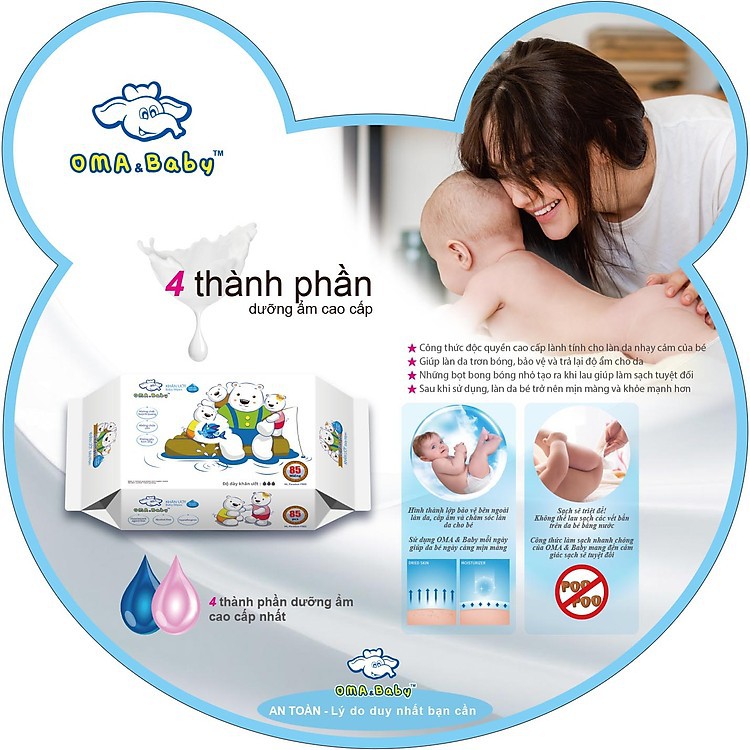 Combo ( 1+ 4) 1 gói 85 tờ + 4 gói 25 tờ khăn ướt kháng khuẩn làm sạch tinh khiết Oma Baby (tặng nắp)