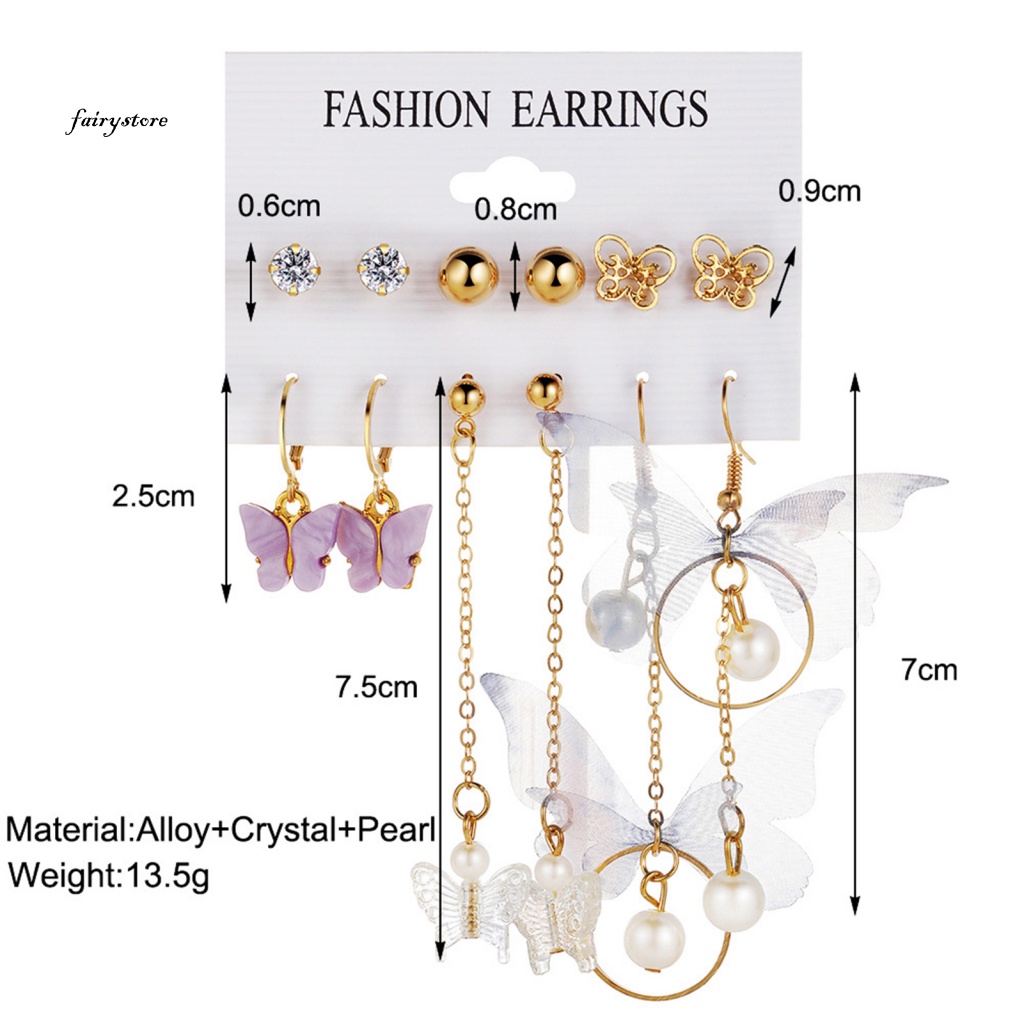 Fairystore| Set 6 Cặp Bông Tai Hình Bướm Đính Ngọc Trai Giả Thời Trang Nữ