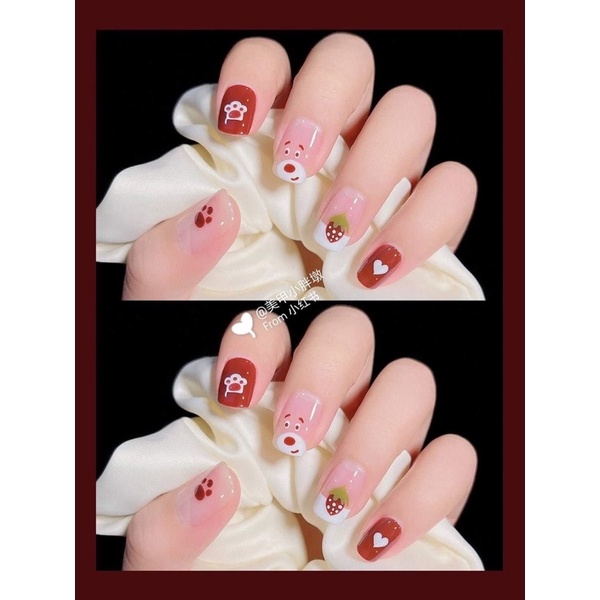 Nailbox tone đỏ đô siêu dễ thương - Set 10 móng giả tự gắn + Tặng bộ dụng cụ