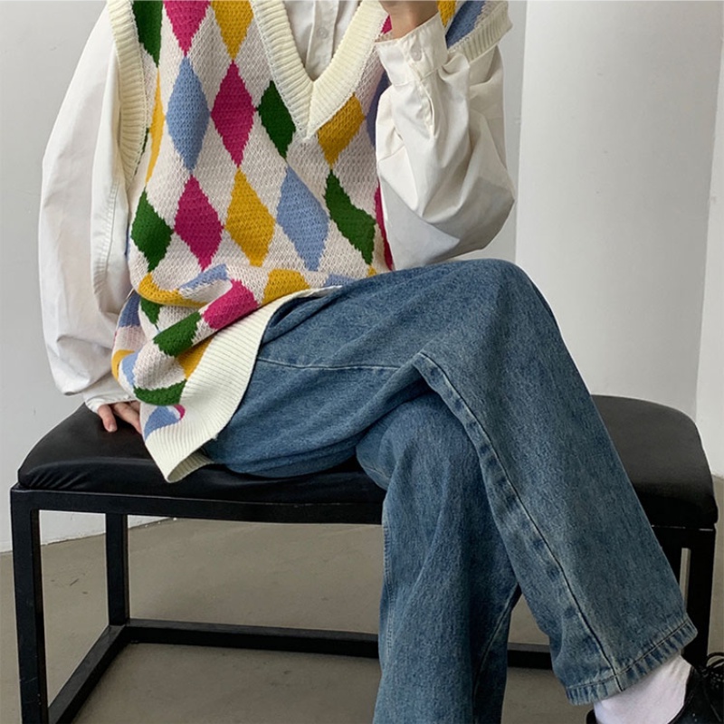 【M-2XL】Thời trang nam đầy màu sắc kẻ sọc V In thanh niên Vest nam xu hướng trẻ trung Đa năng không tay Unisex Vest cặp đôi