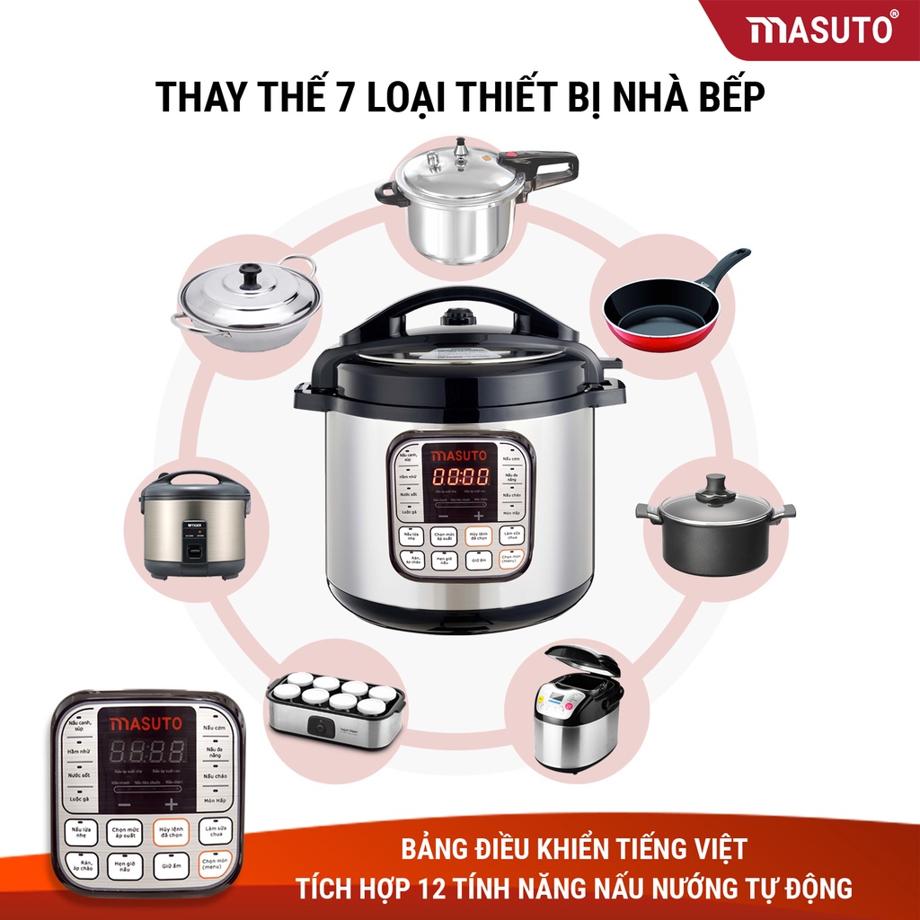 Nồi Áp Suất Điện Đa Năng Masuto 6L Chế Độ Ninh Hầm Siêu Nhanh Tiết Kiệm Thời Gian Nâng Cấp 2023, tặng cọ đa năng
