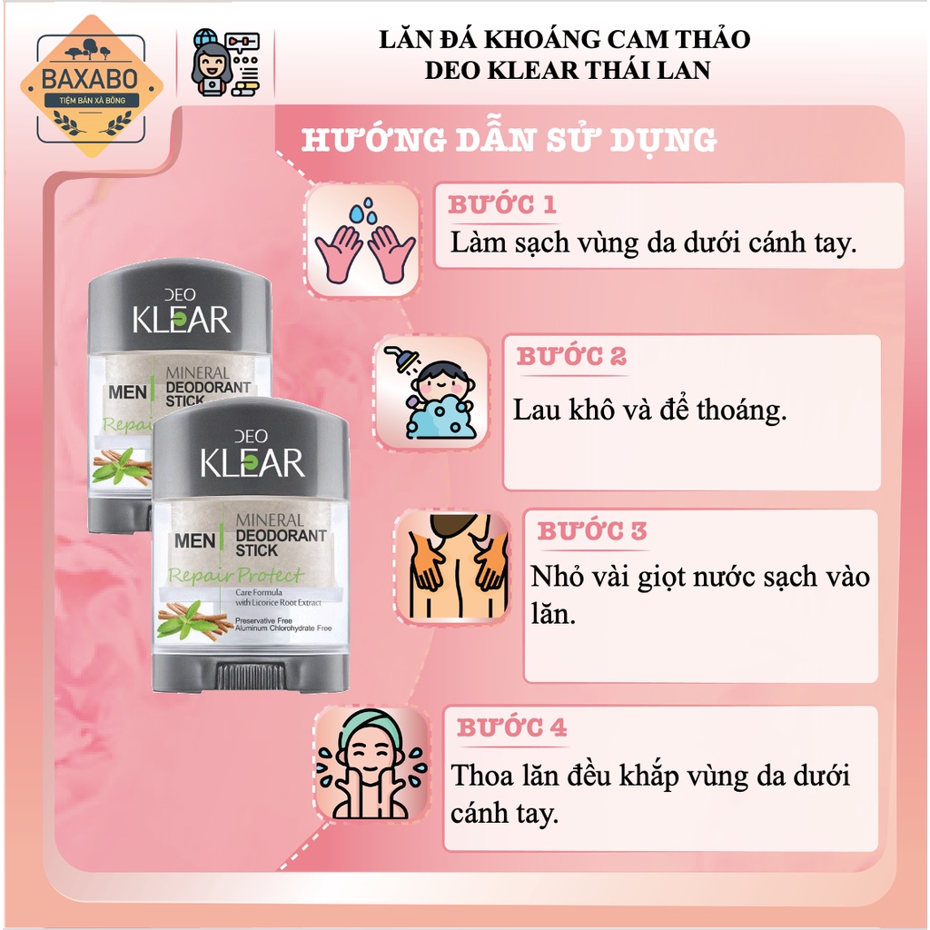 LĂN ĐÁ KHOÁNG CAM THẢO DEO KLEAR MINERAL DEODORANT STICK NỘI ĐỊA THÁI LAN - HÀNG CHÍNH HÃNG