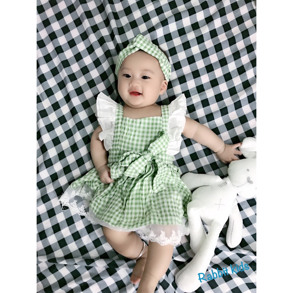 Váy Đầm Mùa Hè Cho Bé Gái FREESHIP Rabbit Kids - Váy Thiết Kế Trẻ Em Hoạ Tiết Caro Xanh Ngọc Bèo Trắng Dễ Thương