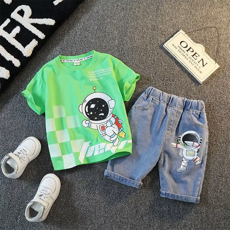 Bộ Áo Thun Tay Ngắn + Quần Short Denim Dáng Rộng In Hình Phi Hành Gia Hoạt Hình Thời Trang 2022 Cho Bé Trai 3-15 Tuổi 90-160