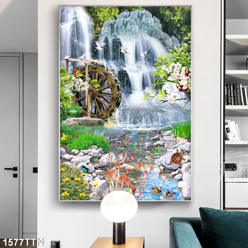 tranh dán tường 3d phong cảnh thiên nhiên thác nước khổ dọc