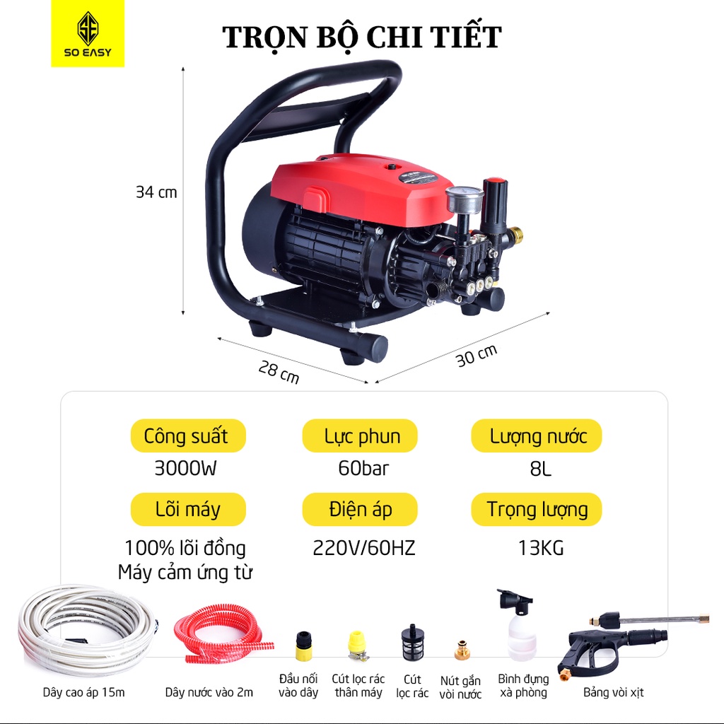 Máy rửa xe toàn đồng áp lực cao gia đình, chỉnh áp, SOEASY 3000W SE005R ,chống giật dây cao áp dài 15m