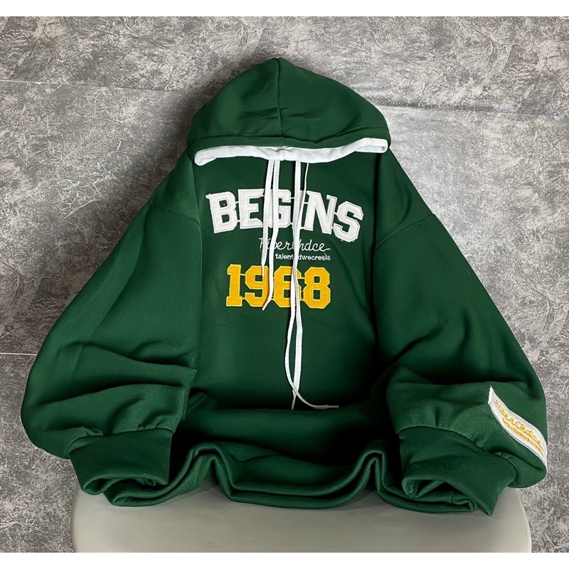 Áo nỉ hoodie 2 mũ xanh rêu thêu gấu nỉ tàu siuu ấm [annstore_ảnh thật]