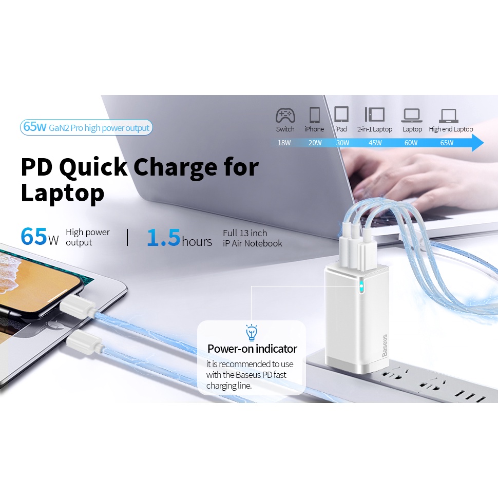 Củ sạc nhanh Baseus GaN3 GaN2 Pro 65W USB QC 4.0 3.0 AFC SCP USB PD cho Smartphone/ Tablet/ Ipad/ Macbook/ Laptop
