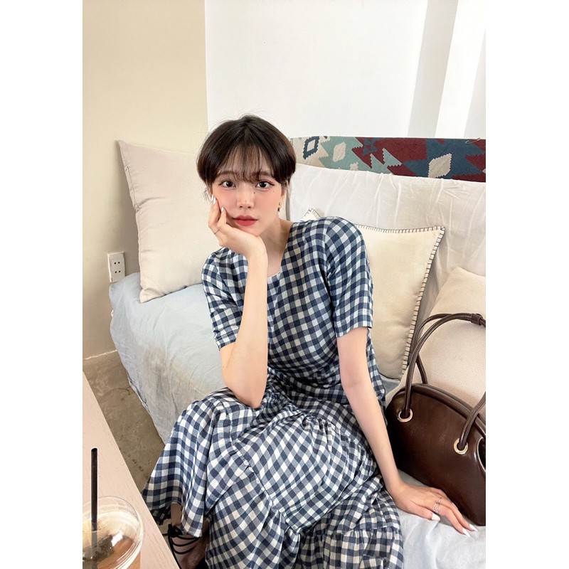 𝐁𝐞𝐥𝐥𝐚 𝐃𝐫𝐞𝐬𝐬 - Desing by momizi hoạ tiết gingham xanh dương, váy dáng dài xoè tầng