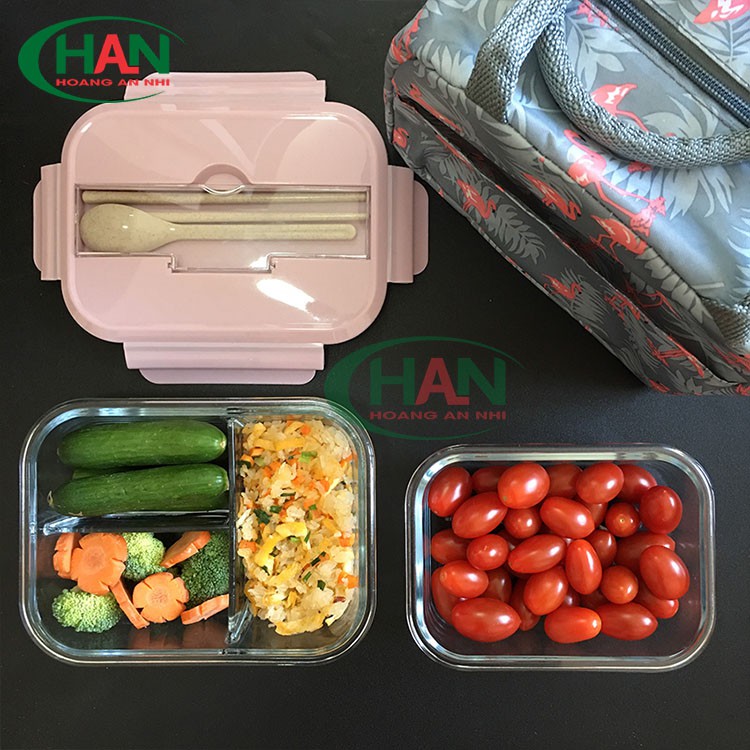 [BÁN LẺ - GHÉP THÀNH BỘ] Hộp đựng cơm văn phòng thủy tinh cao cấp có chia ngăn - Túi đựng giữ nhiệt - Bộ muổng đũa | BigBuy360 - bigbuy360.vn