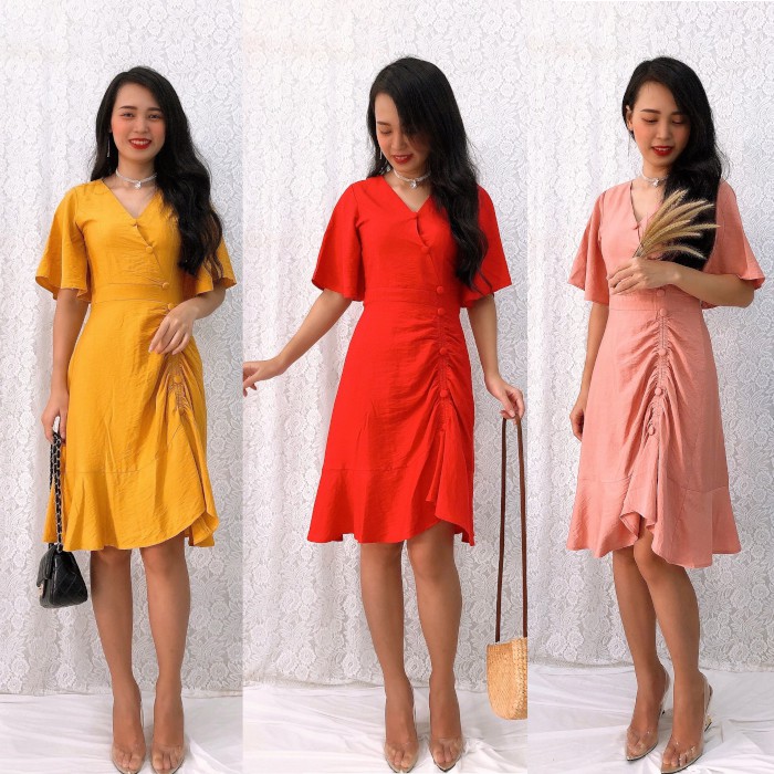 Đầm Xòe Dự Tiệc S&amp;M Tùng Rút Thun Phối Bèo, Đính Nút Sang Trọng, Giá Rẻ GR138