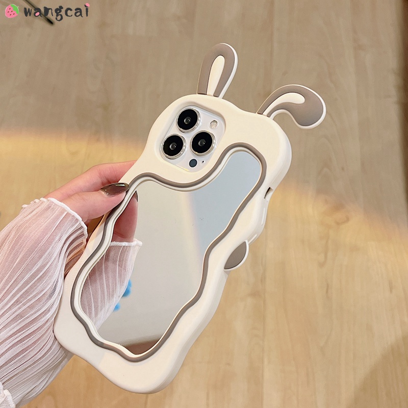 Ốp Điện Thoại Silicone Mềm Mặt Gương Trang Điểm Thiết Kế Tai Thỏ 3D Cho iPhone 13 12 11 Pro Max