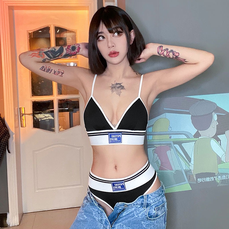 Set áo bra dây mảnh thêu chữ + quần lót cạp cao cho nữ