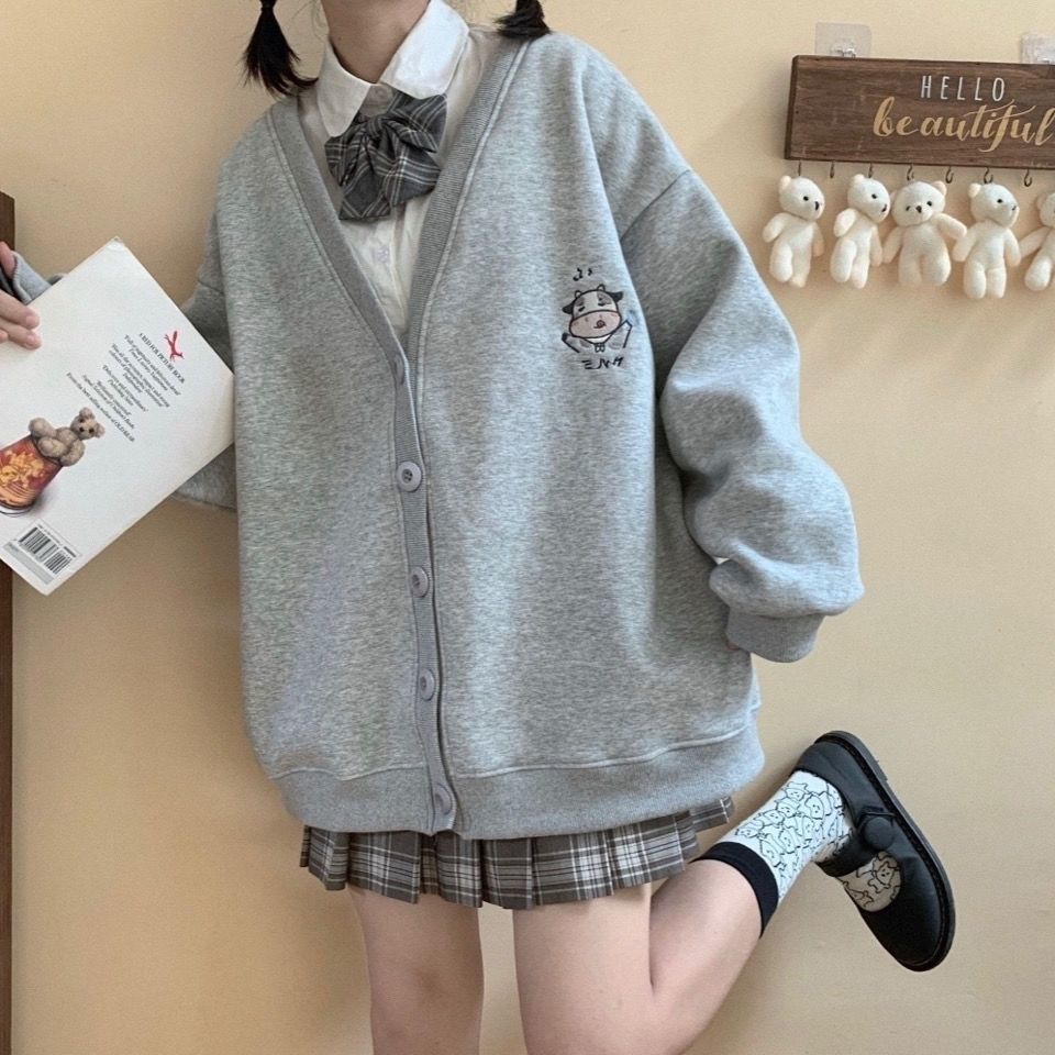 Áo khoác cardigan dáng rộng có túi phối nút dễ thương thời trang thu đông