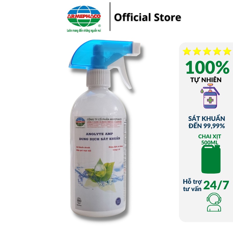 Dung dịch sát khuẩn Anolyte AMP | Chai xịt 500ml | Dung dịch pha sẵn, sử dụng ngay | Mua sỉ 1 thùng 24 chai