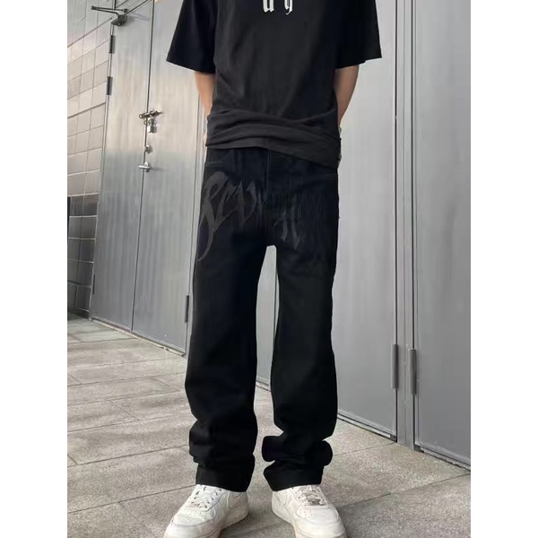Quần jean ống rộng basic họa tiết chữ thêu phong cách hiphop