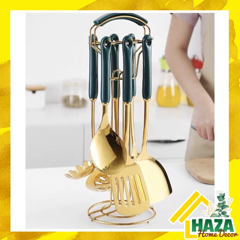 SẴN - GIAO HỎA TỐC 2H - Bộ dụng cụ nhà bếp Muôi muỗng thìa cán sứ mạ vàng, nấu ăn phong cách Châu Âu