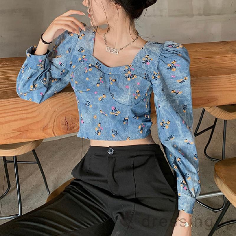 Áo Croptop Tay Dài Hoạ Tiết Hoa Thiết Kế Thanh Lịch Cho Nữ