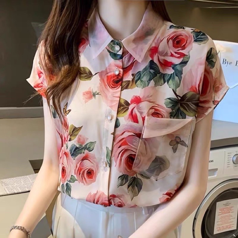 MS131 ÁO SƠ MI NỮ CÔNG SỞ HOẠ TIẾT HOA HỒNG
