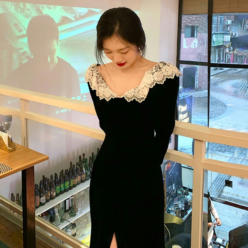 Đầm nhung đen tay dài xẻ tà phối ren quyến rũ thời trang kiểu Pháp cho nữ 2021