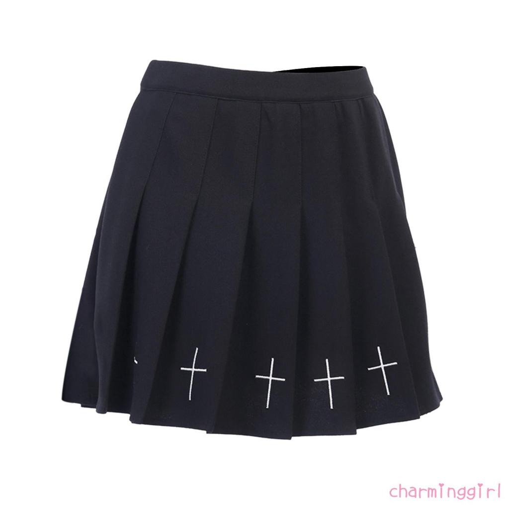 Chân váy ngắn xếp ly lưng cao họa tiết chữ thập phong cách Gothic Punk cho nữ
