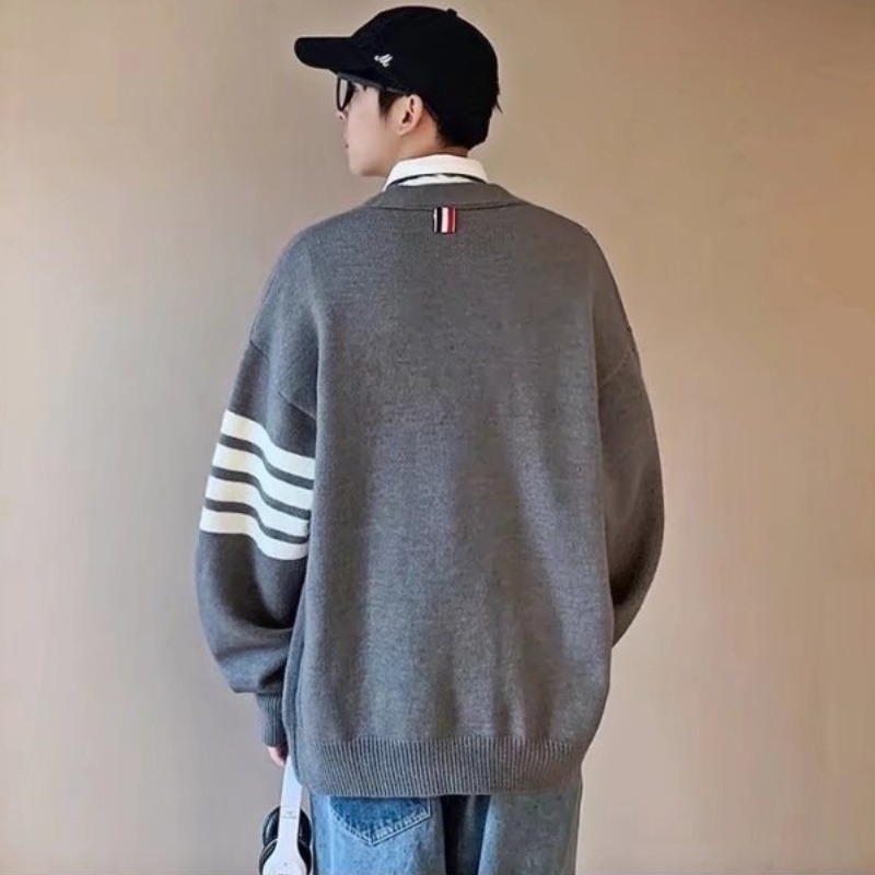 Áo khoác cardigan dệt kim dáng rộng họa tiết kẻ sọc thời trang Hàn Quốc đơn giản cho nam