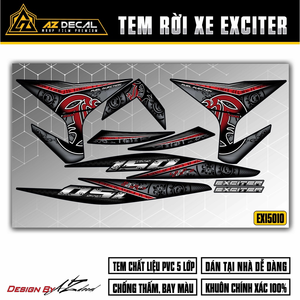 Tem Exciter 150 Thiết Kế Họa Tiết | EX15010 | Team Decal Dán Xe Máy Ex150 Cao Cấp Chống Nước, Chống Bay Màu
