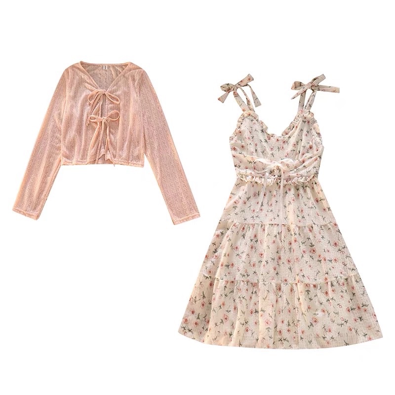 Set Đầm Hoa Nhí Đũi Xốp Buộc Nơ Vai + Áo Khoác Len Ren