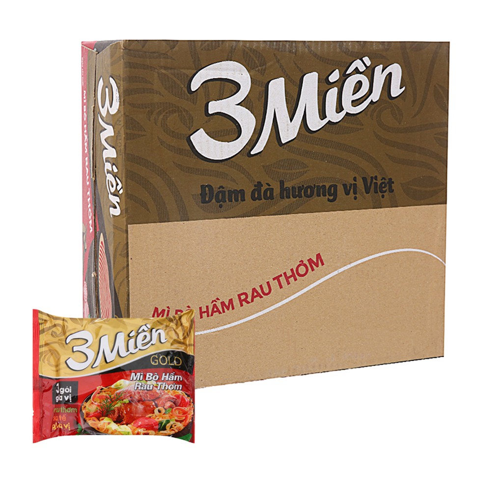 Mì Bò Rau Thơm 3 Miền Gold Thùng 30 Gói x 75g/gói